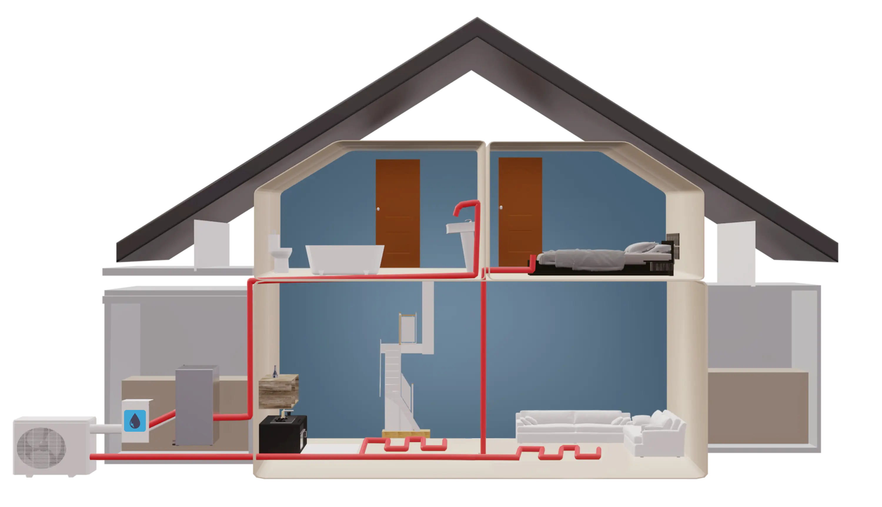 Diagram of a house with tooltips to show extra information about heating
